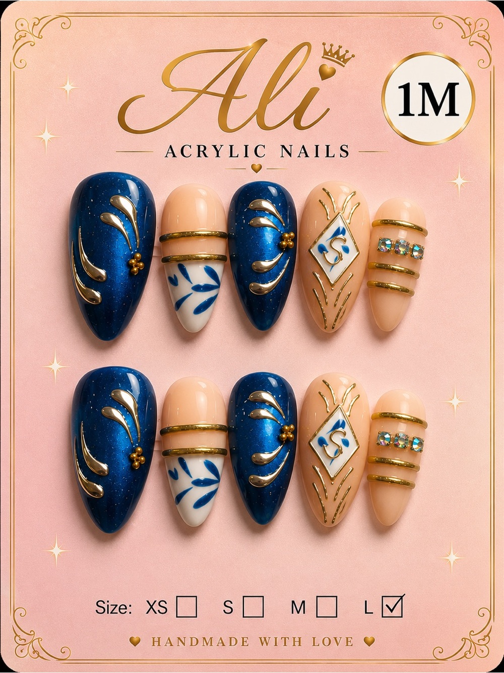 Ali Acrylic Navy Blue & Nude Gold Accent Press-On Nails